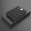 A dark gray rugged protective case for a foldable smartphone, shown closed on a matching dark gray display platform against a dark gray background.