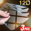 Three clear tempered glass screen protectors being held by a hand, with '12D' and '3PCS' text overlays on a glowing dark background.