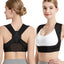 posture corrector for back support worn by woman showing front and back view of adjustable shoulder brace