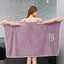 wearable bath towel spread open wide by model in purple fast drying spa robe wrap