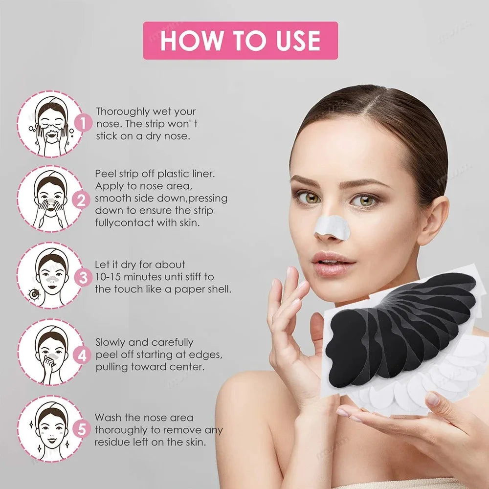 5Pcs Blackhead Nose Strips step-by-step application process for effective water-activated blackhead removal