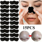 15Pcs Blackhead Nose Strips pack display with model application and nose close-up for deep cleansing pore removal