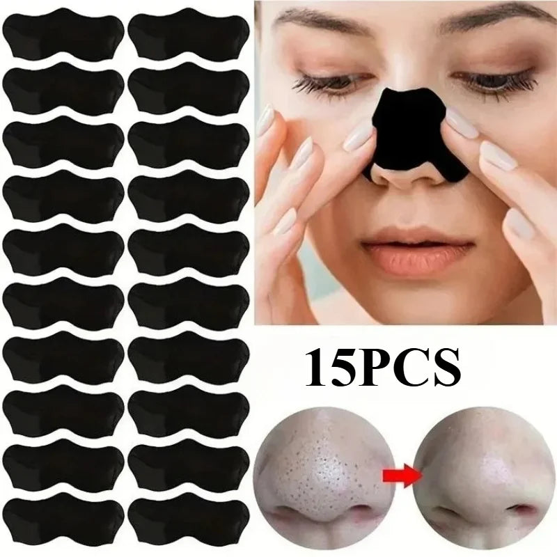 15Pcs Blackhead Nose Strips pack display with model application and nose close-up for deep cleansing pore removal