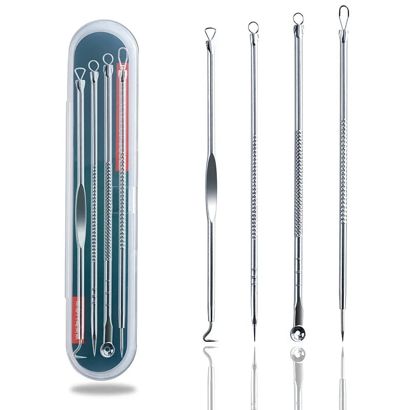 4Pcs Blackhead and Acne Remover Set slim carrying case with antibacterial needles for clear blemish-free skin