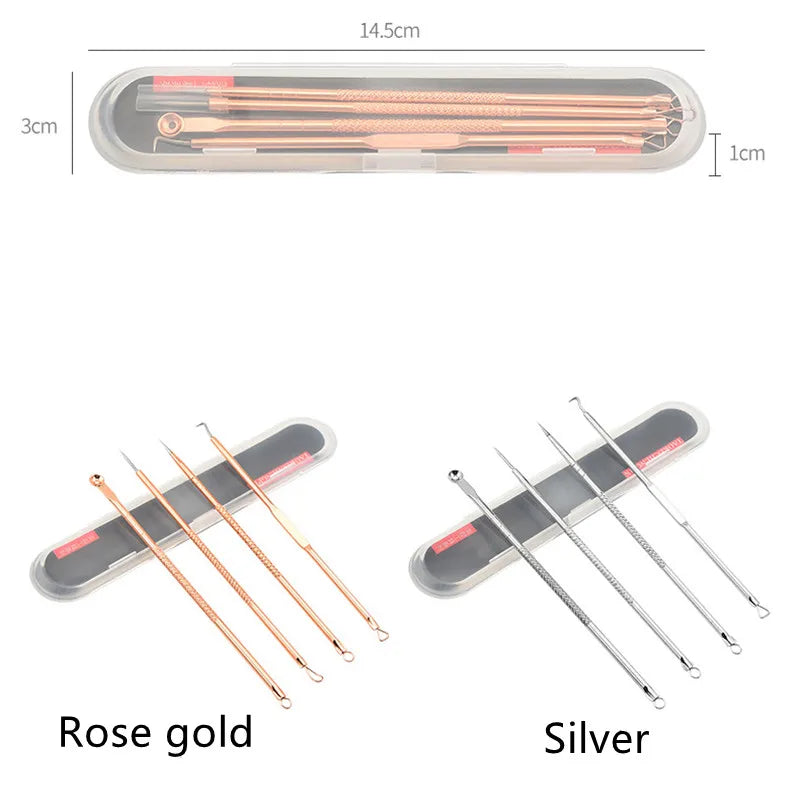 4Pcs Blackhead and Acne Remover Set rose gold precision needle tips closeup for targeted comedone extraction
