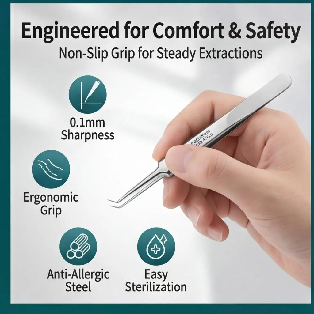 8-Piece Stainless Steel Acne & Blackhead Removal Tool Set non-slip ergonomic handle holding angle for steady control without bruising skin