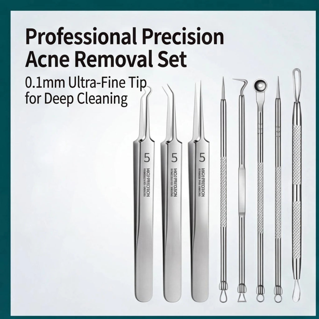 8-Piece Stainless Steel Acne & Blackhead Removal Tool Set complete tool array view for professional-grade skincare treatment