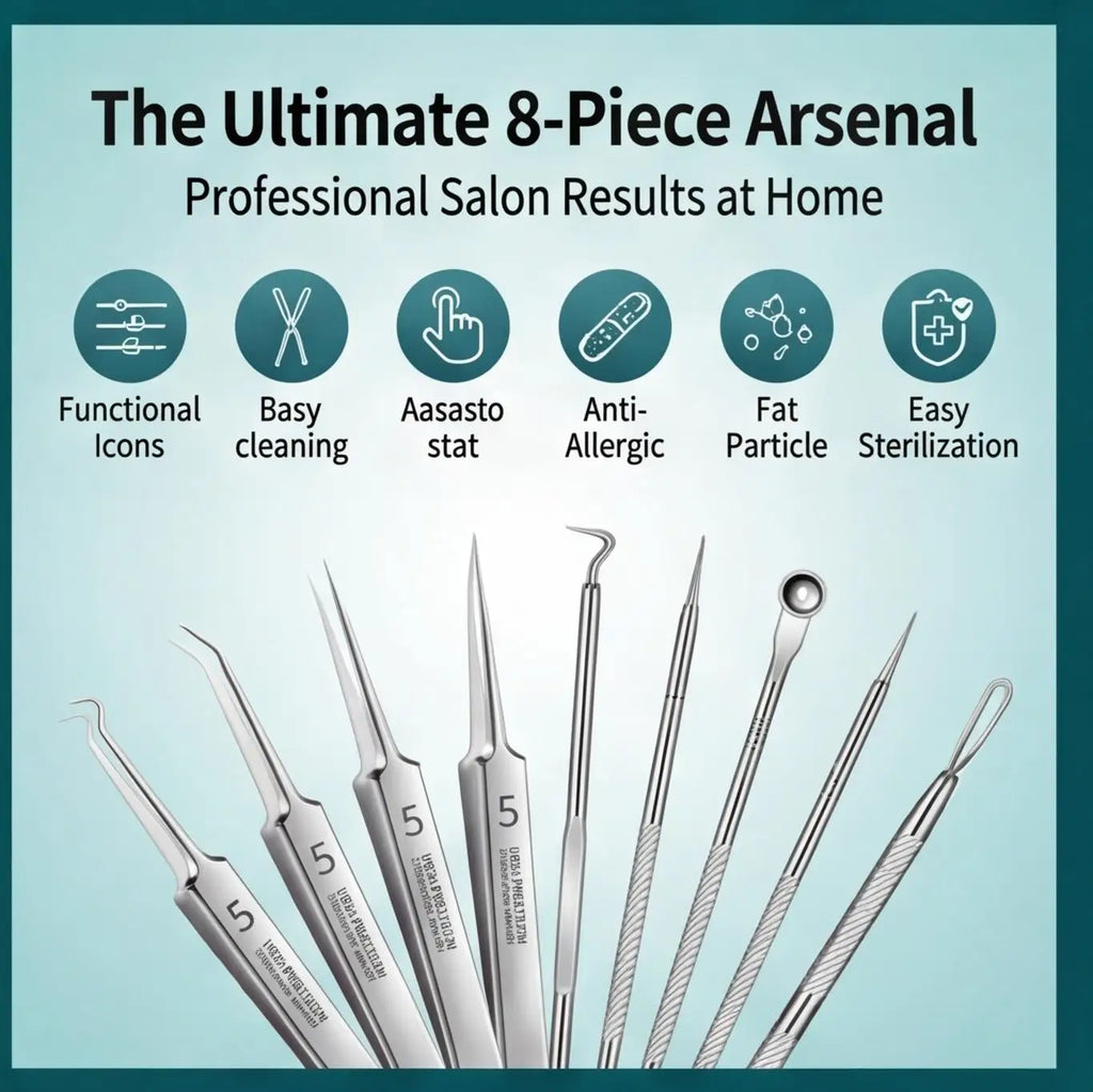 8-Piece Stainless Steel Acne & Blackhead Removal Tool Set full arsenal display for hygienic home blemish extraction