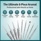 8-Piece Stainless Steel Acne & Blackhead Removal Tool Set full arsenal display for hygienic home blemish extraction