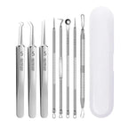 8-Piece Stainless Steel Acne & Blackhead Removal Tool Set arranged with carrying case for safe blemish control