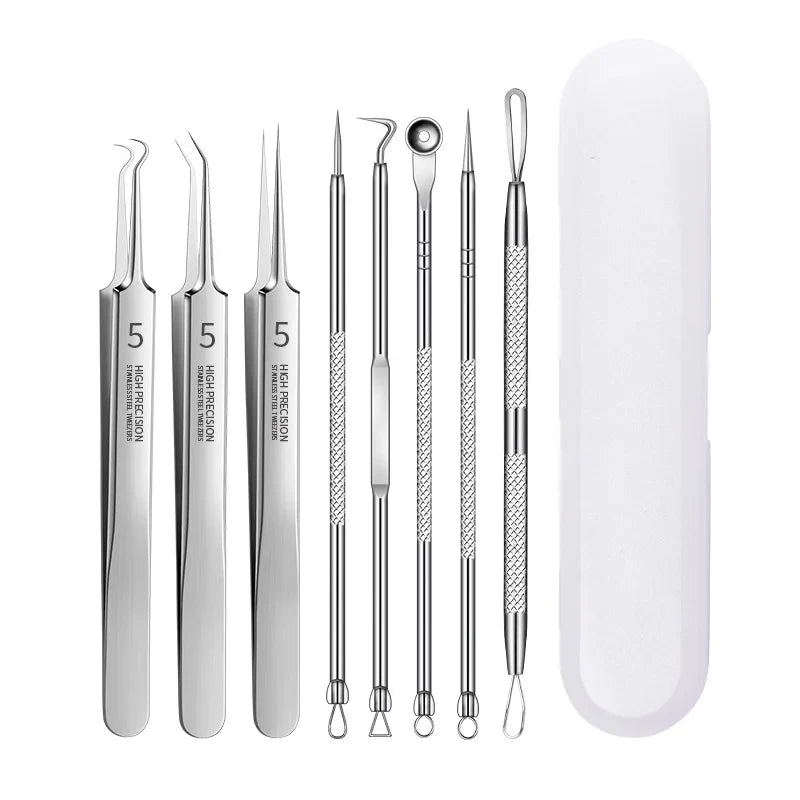 8-Piece Stainless Steel Acne & Blackhead Removal Tool Set arranged with carrying case for safe blemish control