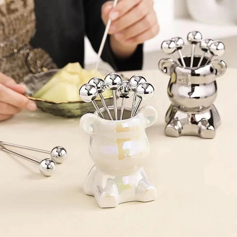 6Pcs Bear Dessert Fork Set Stainless Steel Fruit Forks with Storage Jar