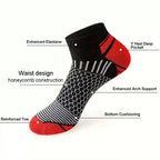 Close up details of mens performance sports socks highlighting arch support and anti slip mesh design