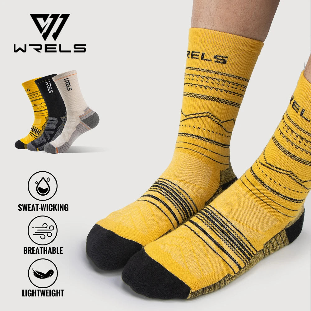 Comfortable mid calf merino wool cycling socks in yellow color showing high performance fit for outdoor sports