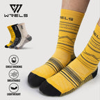Comfortable mid calf merino wool cycling socks in yellow color showing high performance fit for outdoor sports