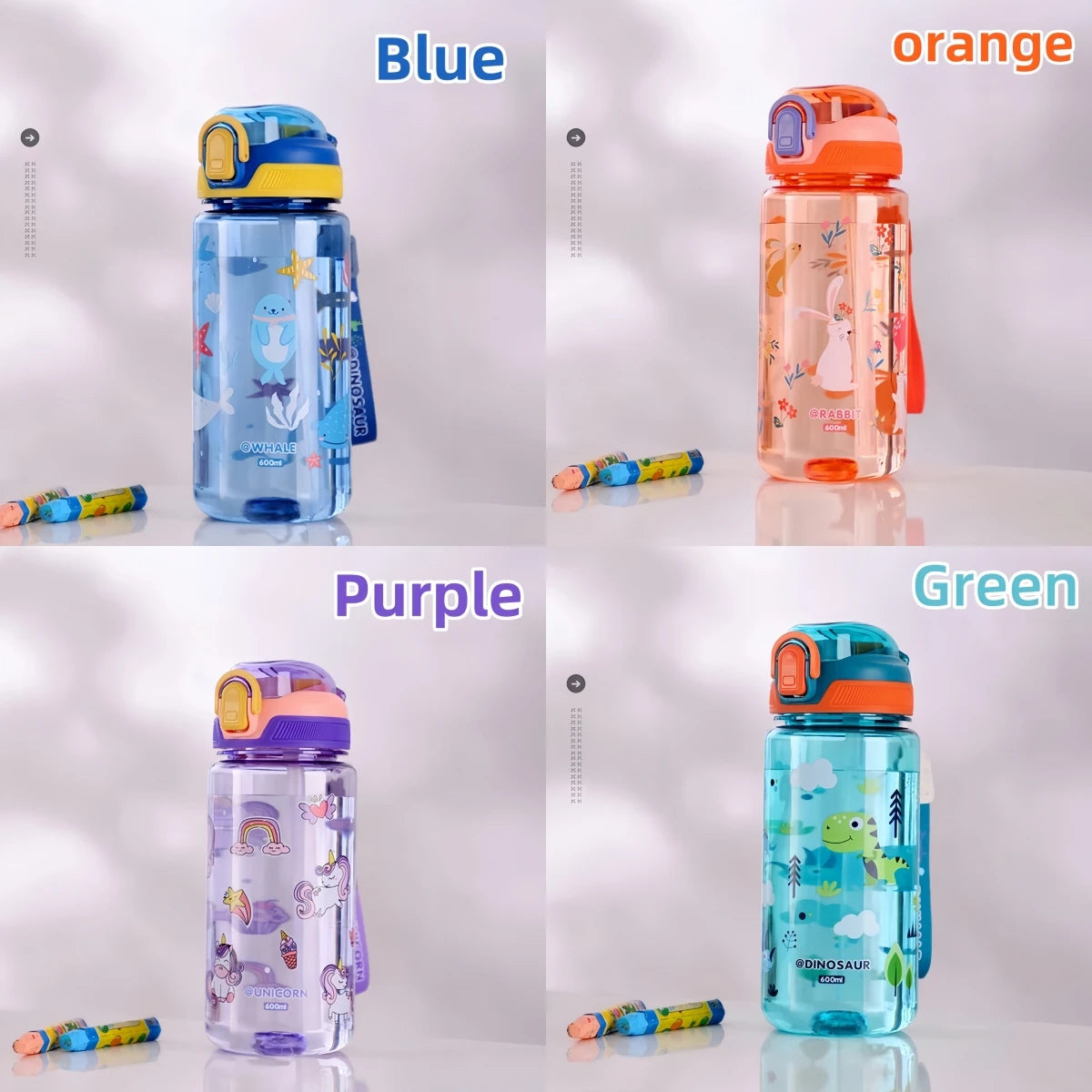 600ml Dinosaur Kids Water Bottle Leakproof Straw Cup