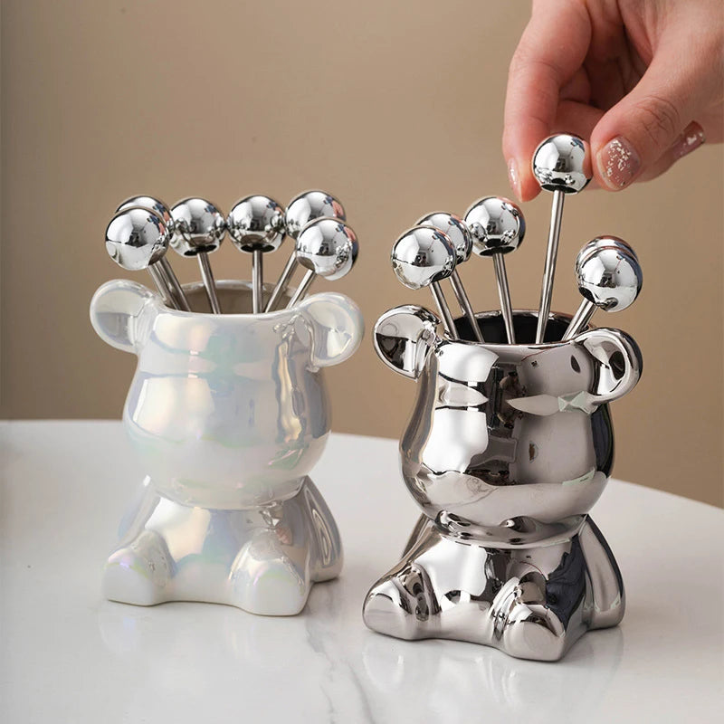6Pcs Bear Dessert Fork Set Stainless Steel Fruit Forks with Storage Jar