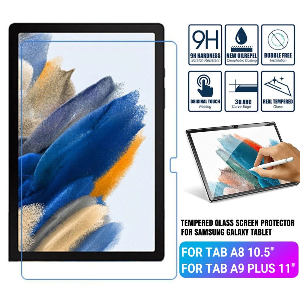 Tempered glass screen protector shown over a tablet on a white background, with feature icons and text stating it is for Samsung Galaxy Tab A8 10.5" and Tab A9 Plus 11". Main image