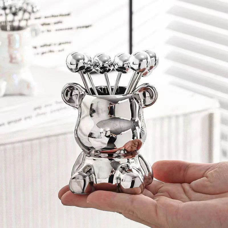 6Pcs Bear Dessert Fork Set Stainless Steel Fruit Forks with Storage Jar