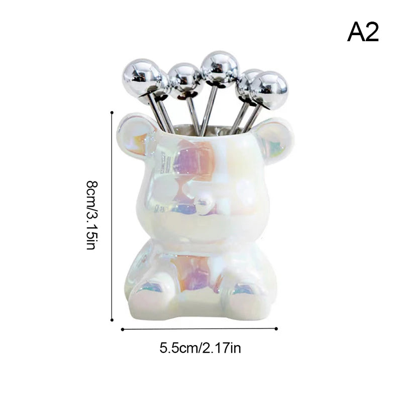 6Pcs Bear Dessert Fork Set Stainless Steel Fruit Forks with Storage Jar