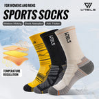 Premium merino wool sports socks displaying multiple color choices including black yellow and grey variants