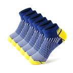 Dark blue mens low cut sports socks with yellow stripes for gym workout and athletic exercises