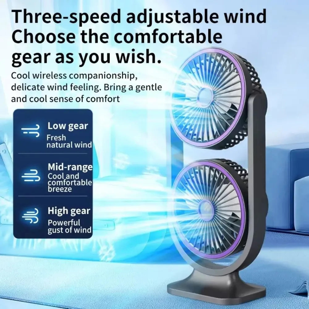 Dual-Head USB Desk Fan UK 3-Speed Quiet Fan with Night Light