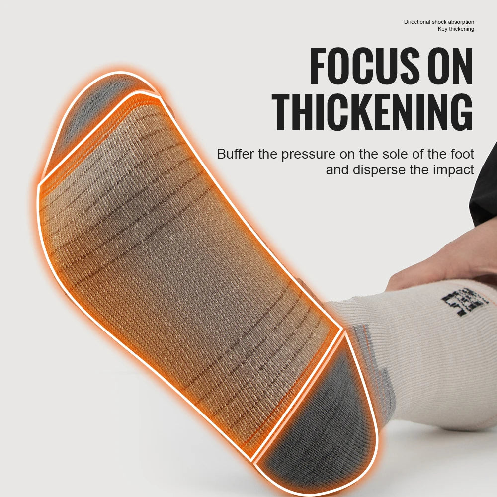 Close up view of cushioned merino wool socks focusing on thickening and shock absorption foot support