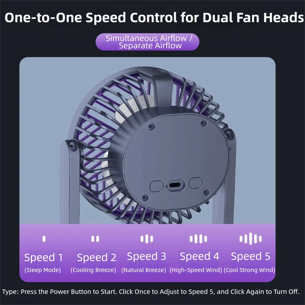 Dual-Head USB Desk Fan UK 3-Speed Quiet Fan with Night Light
