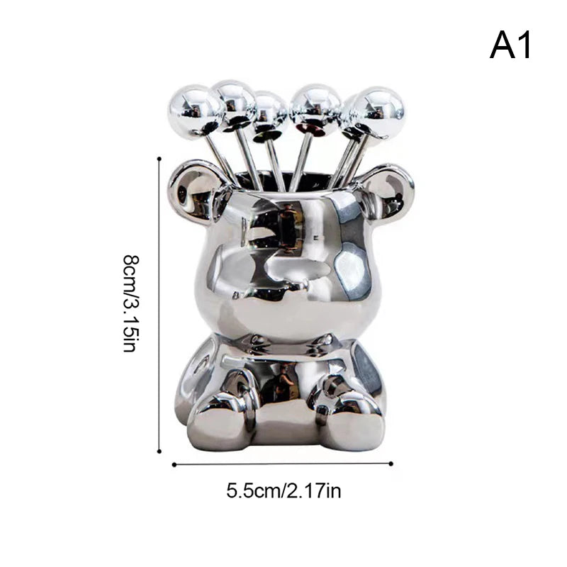 6Pcs Bear Dessert Fork Set Stainless Steel Fruit Forks with Storage Jar