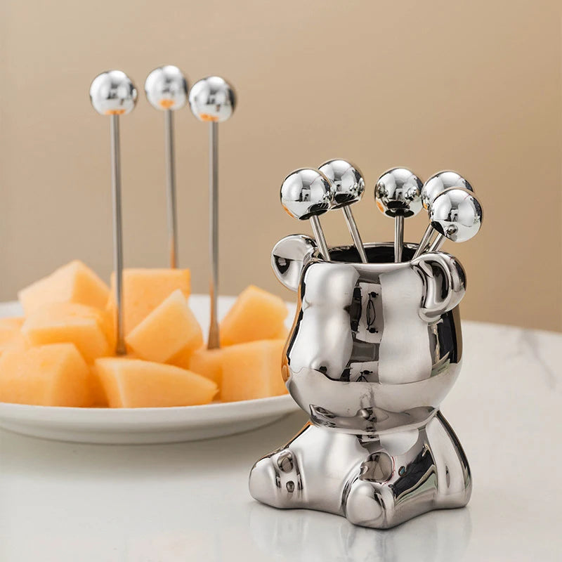 6Pcs Bear Dessert Fork Set Stainless Steel Fruit Forks with Storage Jar Secondary image