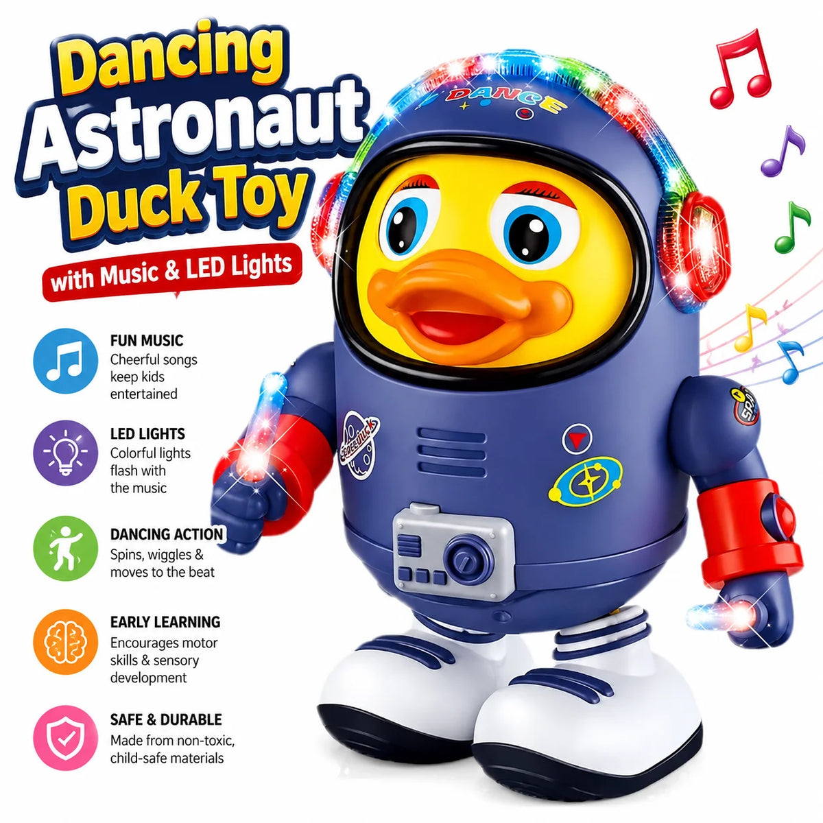 Dancing Astronaut Duck Toy – Musical LED Toy for Toddlers