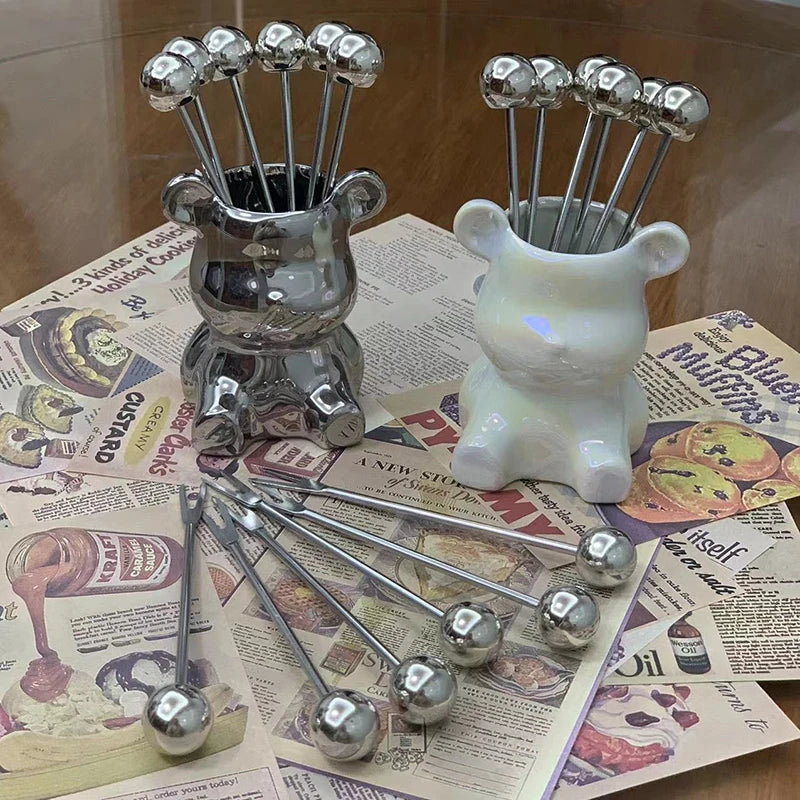 6Pcs Bear Dessert Fork Set Stainless Steel Fruit Forks with Storage Jar