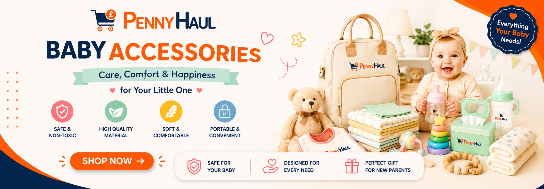 Premium Baby Accessories promotional banner for PennyHaul UK. Features baby bottles, bibs, diaper bag, feeding accessories, baby care essentials, soft pastel design, high-quality Shopify mobile banner, fast UK shipping, newborn essentials, baby products collection.