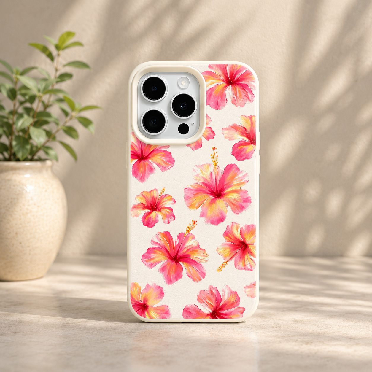 A phone case with a watercolor-style pink and yellow hibiscus floral print on a cream background, shown standing upright on a tabletop next to a potted plant. Main image