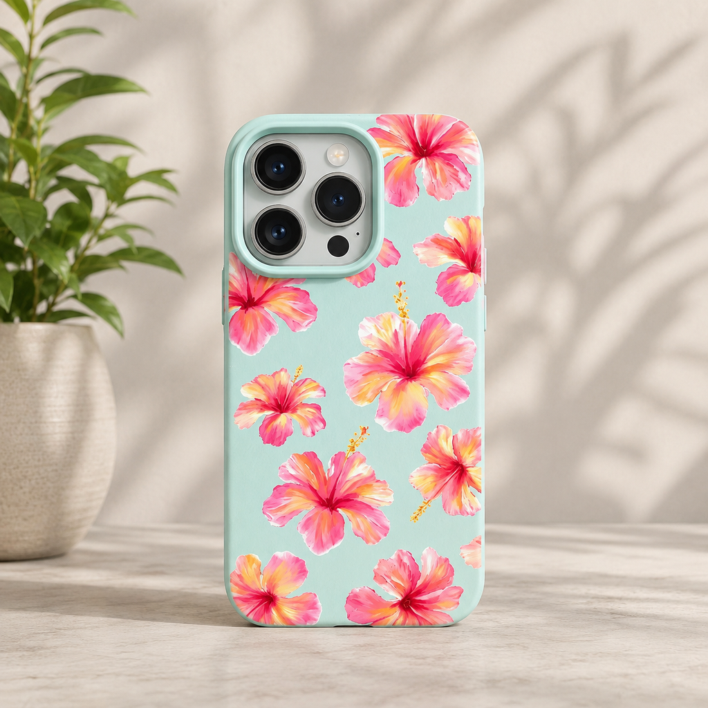 Mint green phone case featuring a pastel watercolor pattern of tropical pink and yellow hibiscus blossoms.