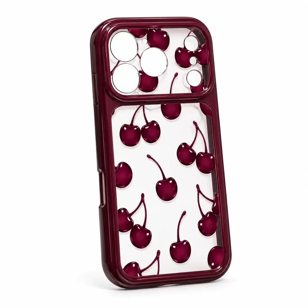 A clear phone case with a dark burgundy bumper frame and an all-over glossy cherry print, shown on a white background.