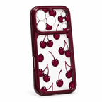 A clear phone case with a dark burgundy bumper frame and an all-over glossy cherry print, shown on a white background.