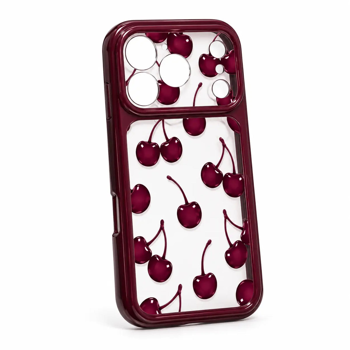 A clear phone case with a dark burgundy bumper frame and an all-over glossy cherry print, shown on a white background.