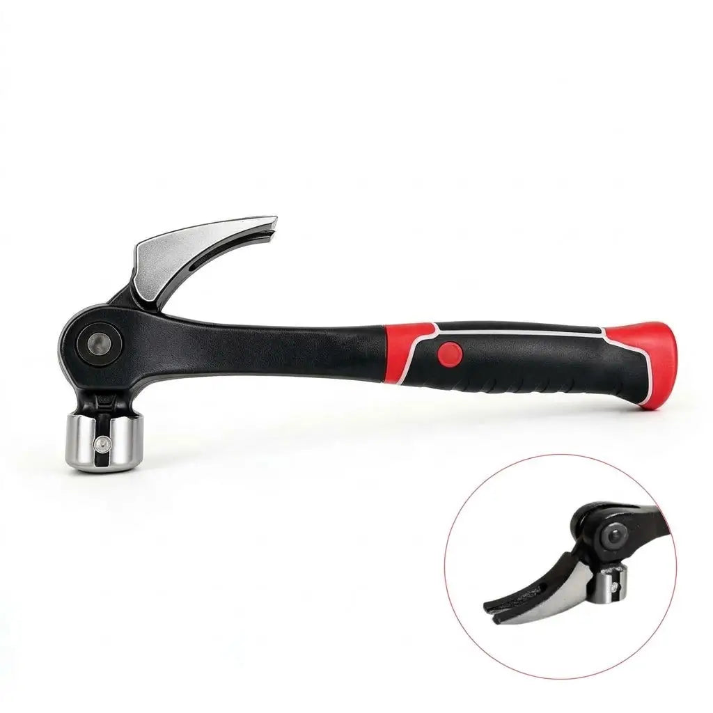 A claw hammer with a black and red textured handle and silver metal head, shown on a white background with a circular inset detail of the claw tip. Main image