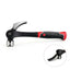 A claw hammer with a black and red textured handle and silver metal head, shown on a white background with a circular inset detail of the claw tip.