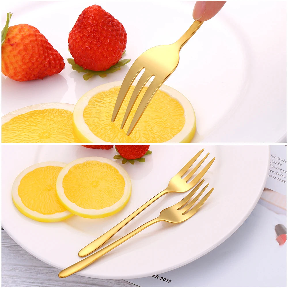 Gold Stainless Steel Fruit Fork Set Cake, Salad & Snack Cutlery (1–6Pcs)