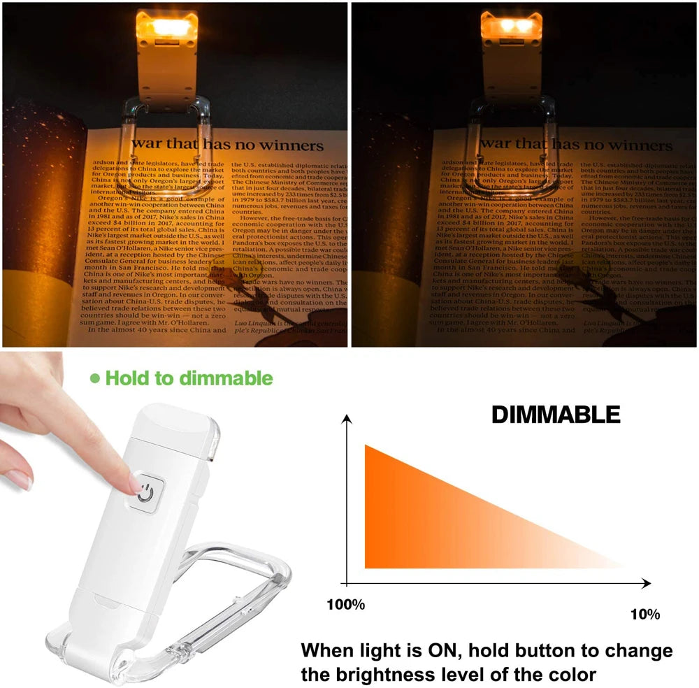 person using clip on reading light in bed for comfortable night time reading without eye strain