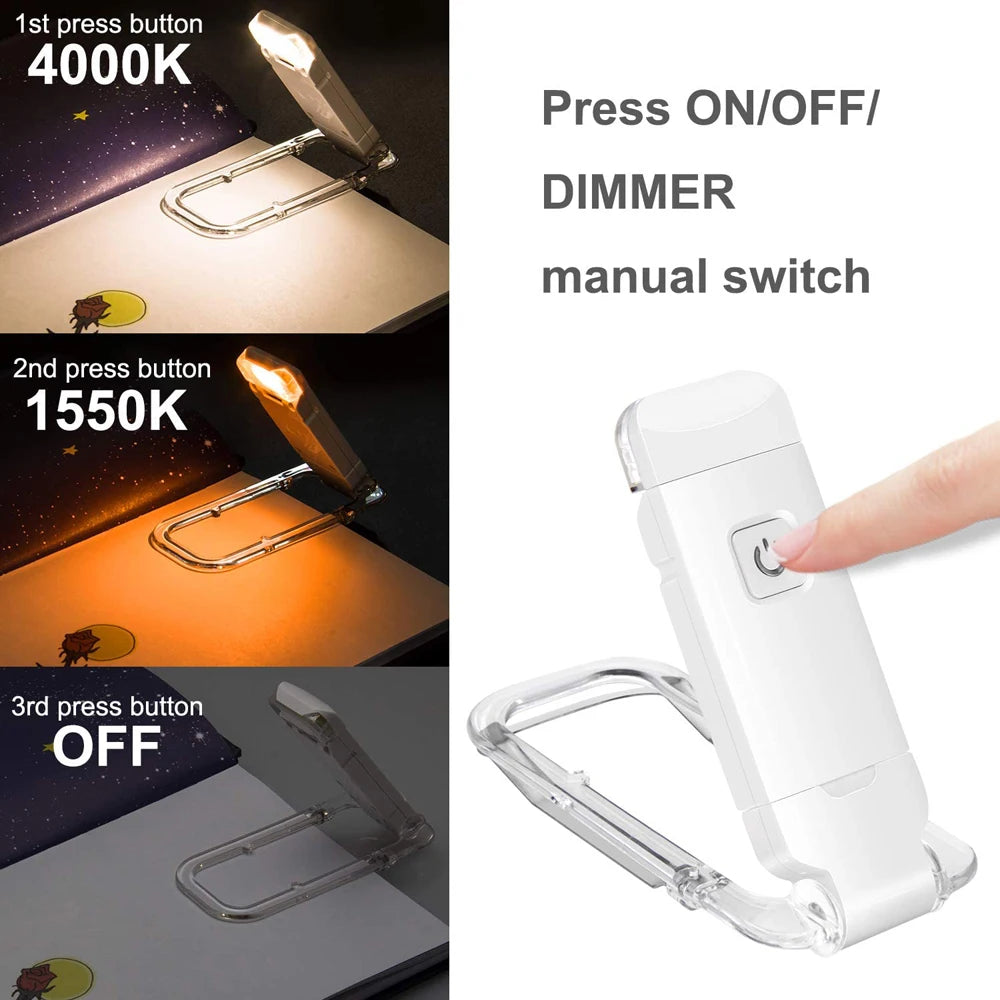 clip on reading light feature guide showing amber eye protection glow and secure book clamp design