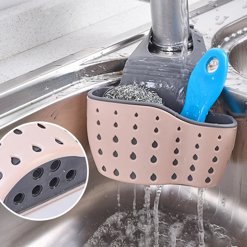 Adjustable Kitchen Sink Holder Faucet Hanging Soap & Sponge Organizer
