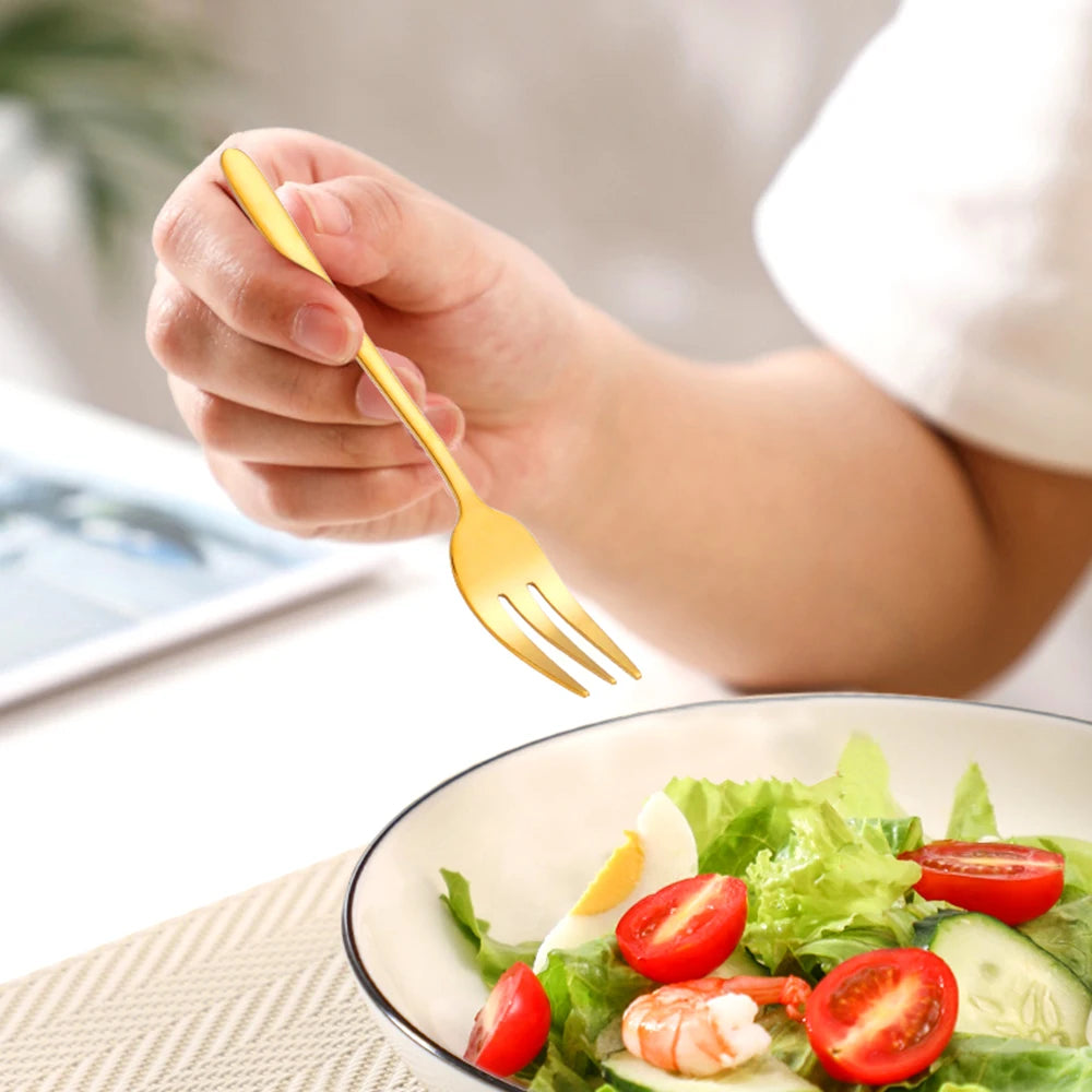 Gold Stainless Steel Fruit Fork Set Cake, Salad & Snack Cutlery (1–6Pcs)