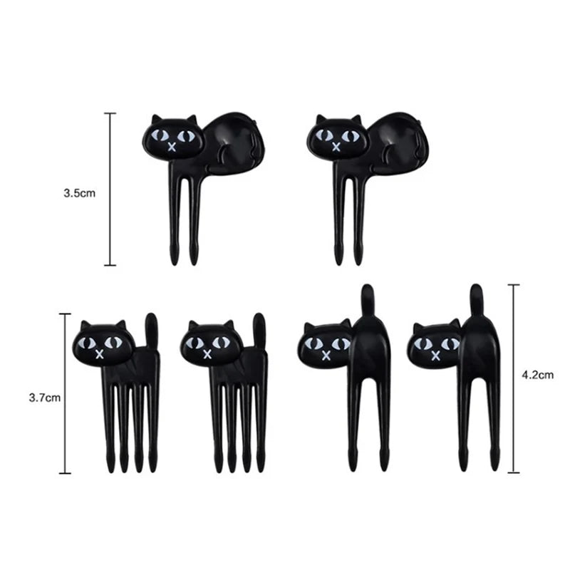 6PCS Black Cat Fruit Fork Set Cute Kids Bento Snack Forks