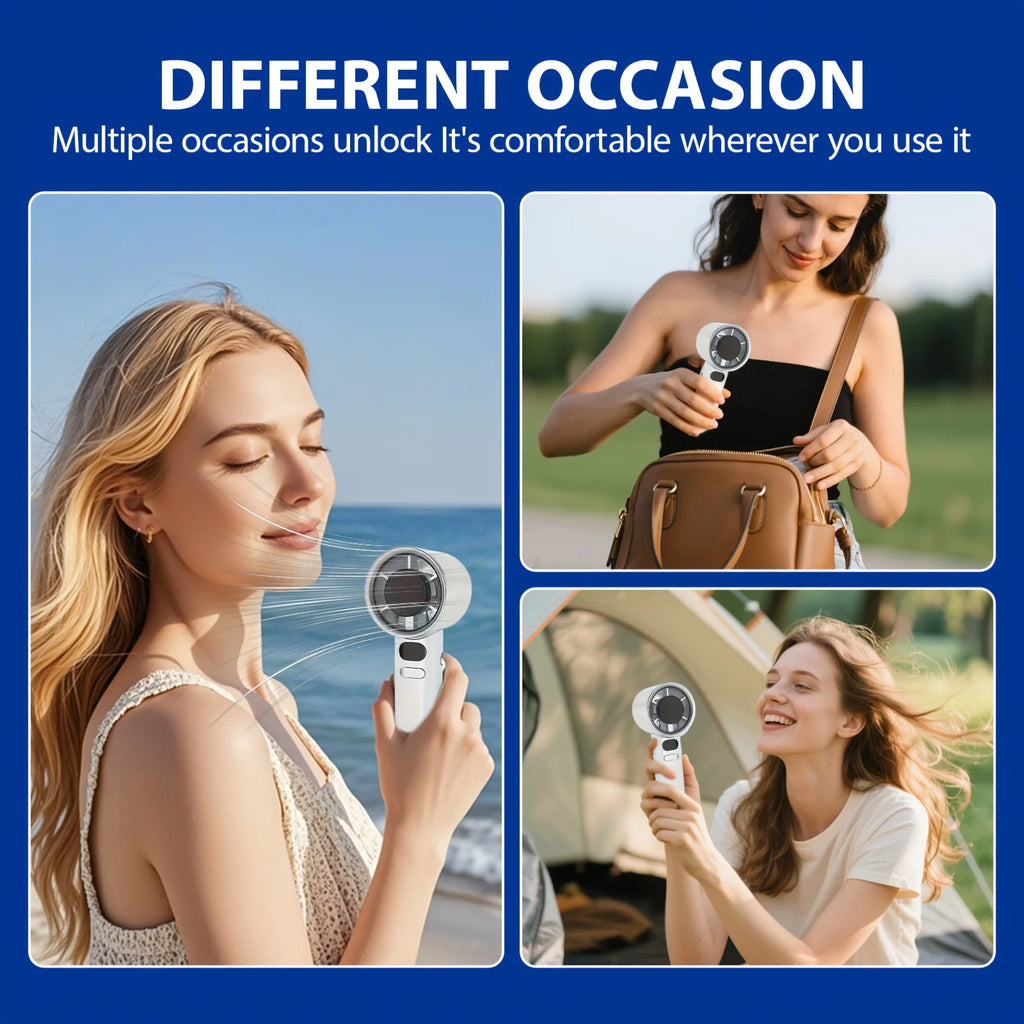 Mini USB rechargeable handheld fan by PennyHaul, portable cooling fan with powerful airflow and compact design for on-the-go use.