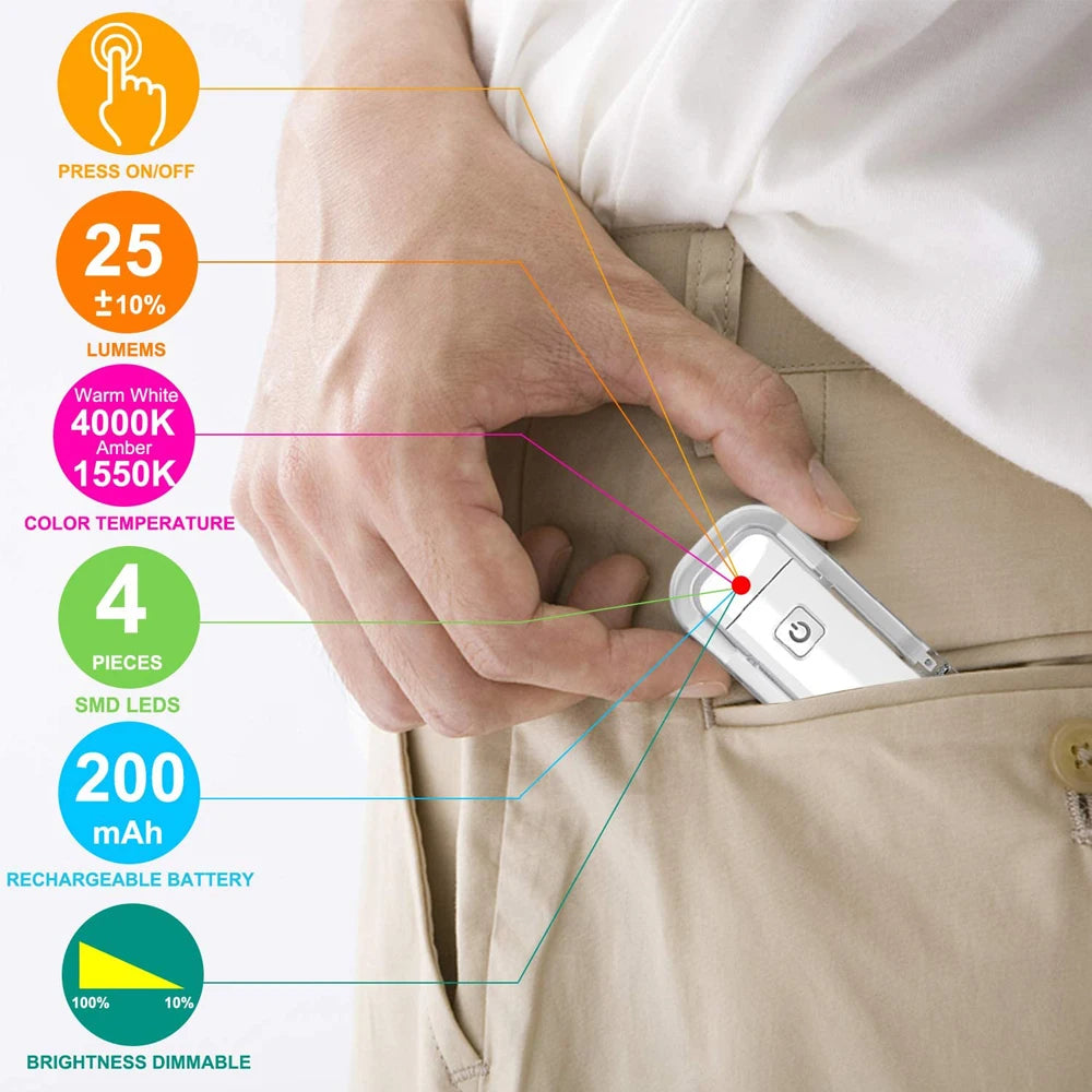 hand holding compact clip on reading light demonstrating lightweight pocket size and easy portability