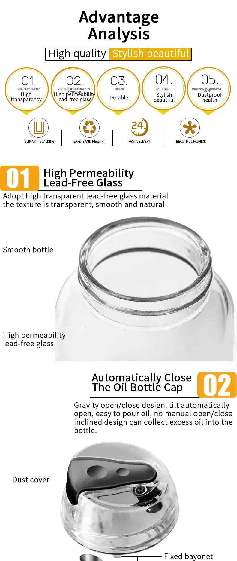 Glass Seasoning Bottle Dispenser Oil, Vinegar & Spice Storage Kitchen Tool
